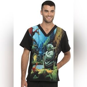 Star Wars Scrub Top Men’s L Yoda Dagobah Kangaroo Pocket Cherokee Tooniforms